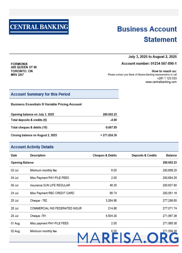 Printable Central bank business statement Word and PDF format real example